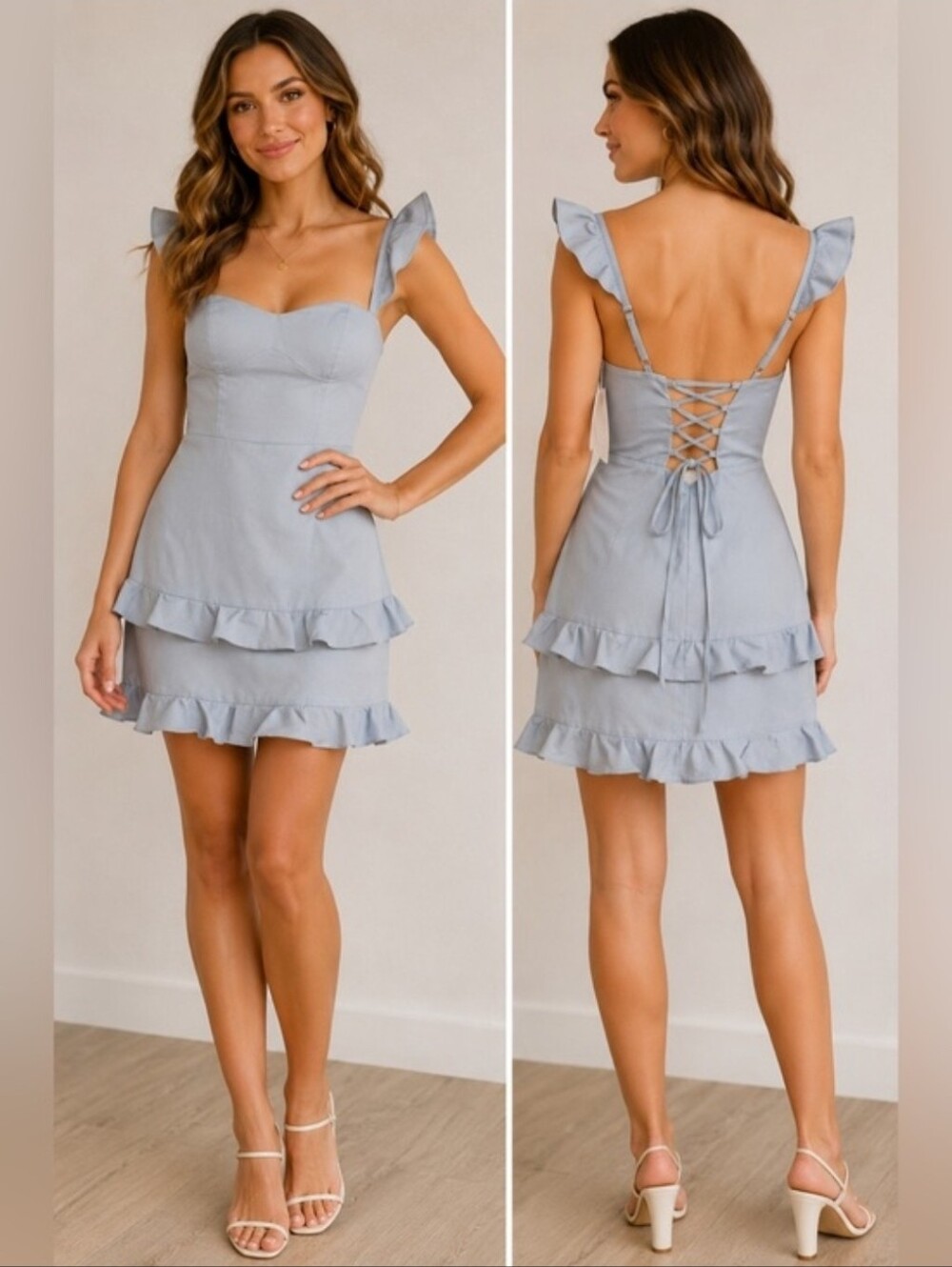 Women’s Light Blue Ruffle-Trim Slip Dress